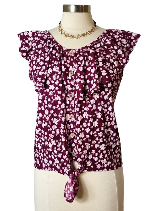 Justice Other - Justice Girls XL Plus Top Burgundy Front Tie Daisy Button-Up Ruffle Preppy 16-18